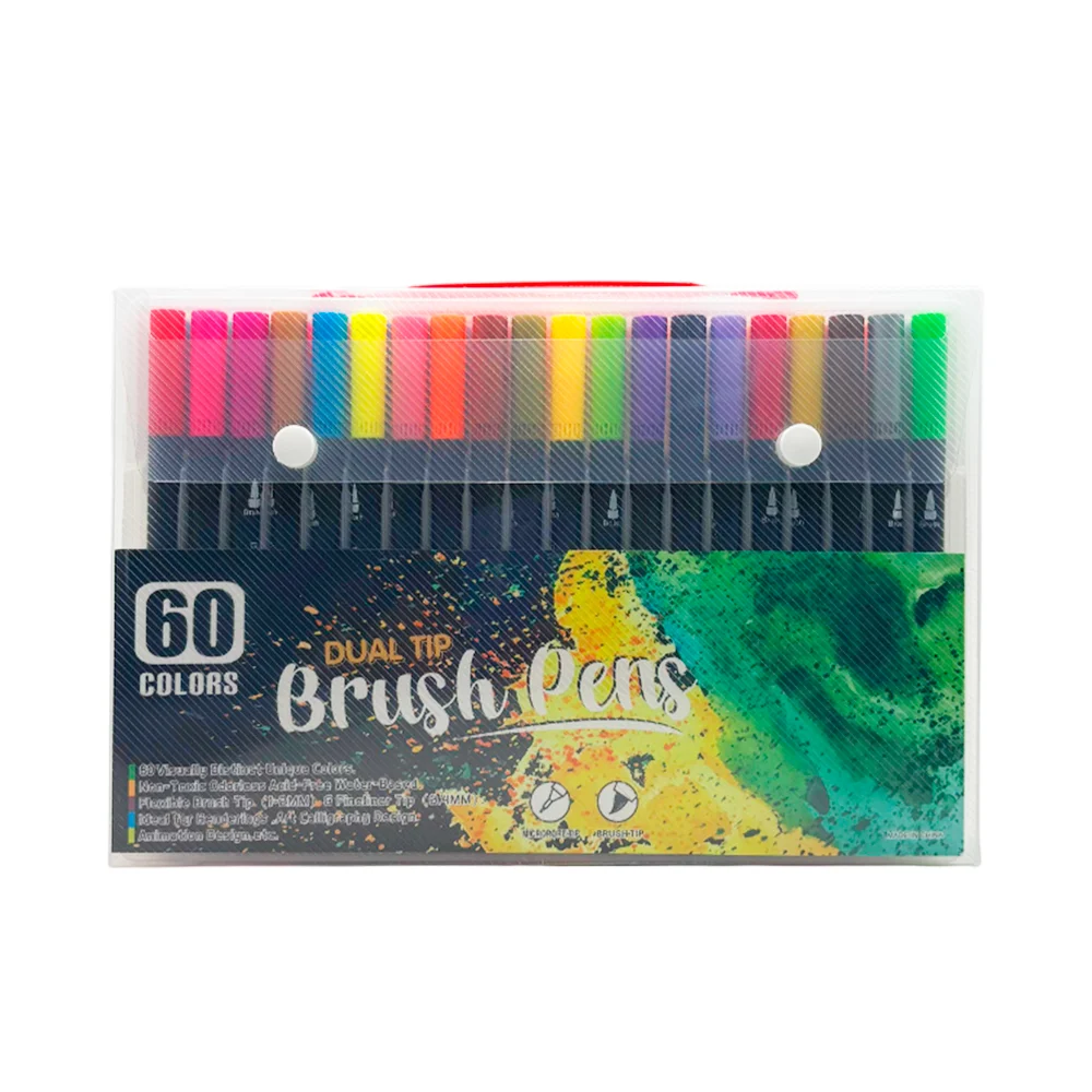 Estuche transparente con 60 marcadores estilo brocha, colores varios /brush pens