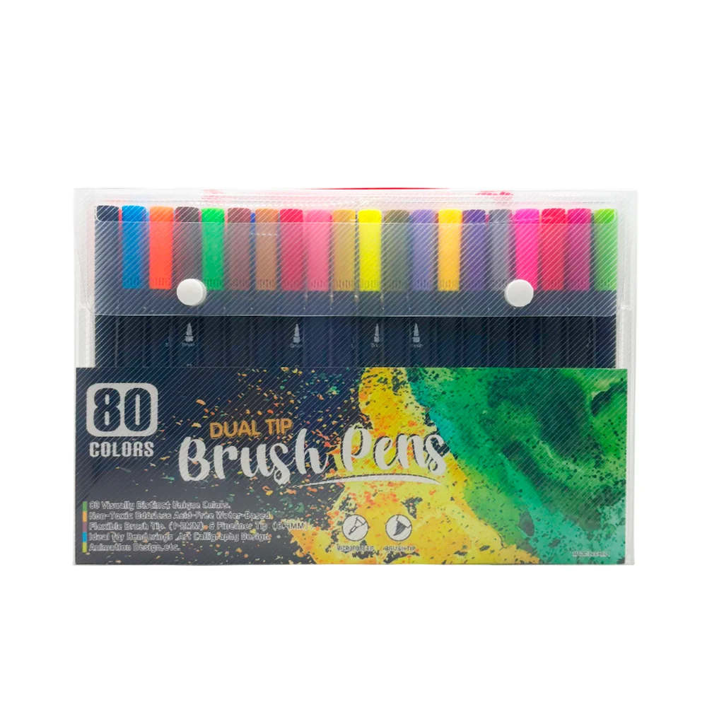 Estuche transparente con 80 marcadores estilo brocha, colores varios /brush pens