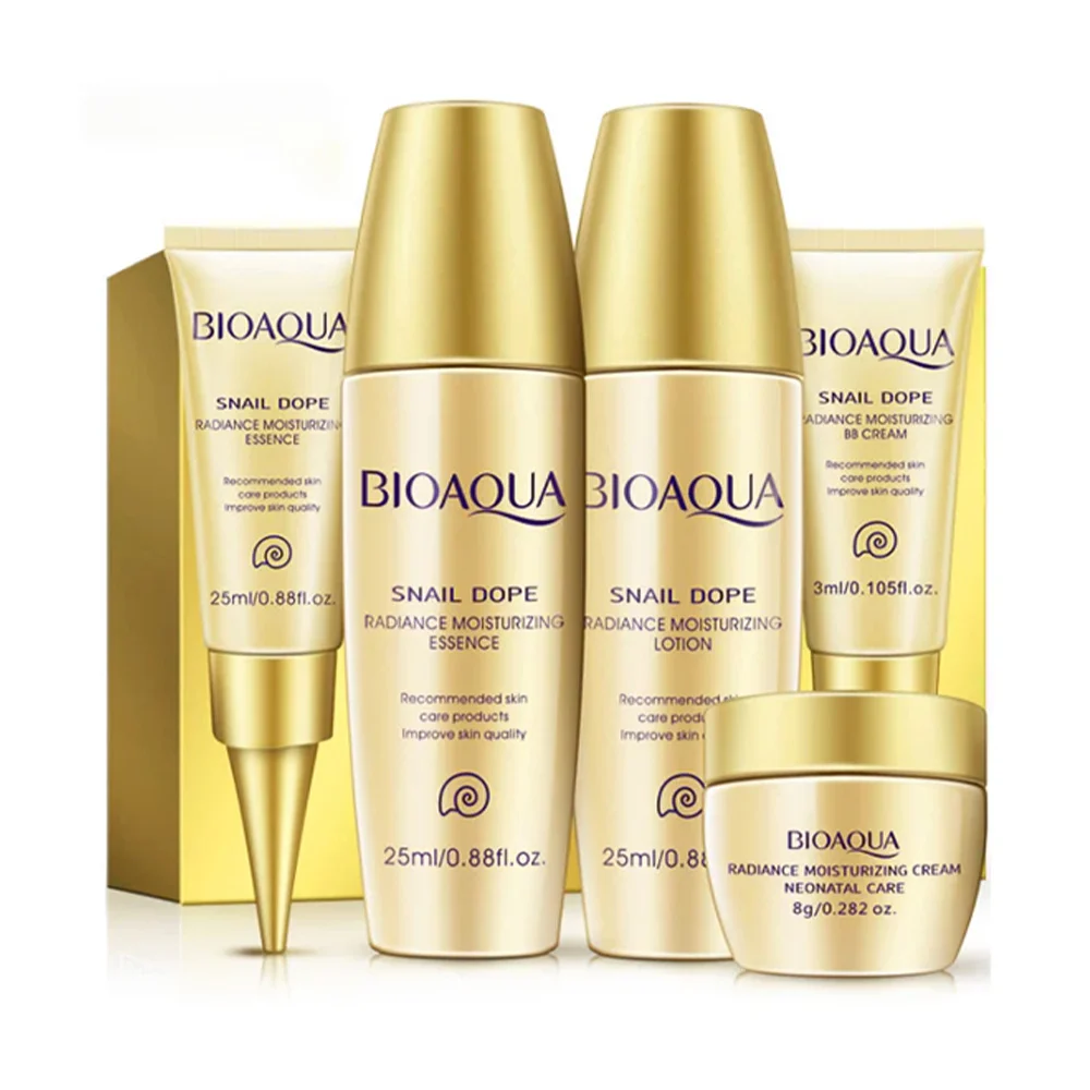 Kit bioaqua nutrición con baba de caracol con 1 loción de 25ml, 1 esencia de 25ml, 1 crema para los ojos de 3g, 1 crema nutritiva de 8g y 1 bb cream de 3g / bqy3772
