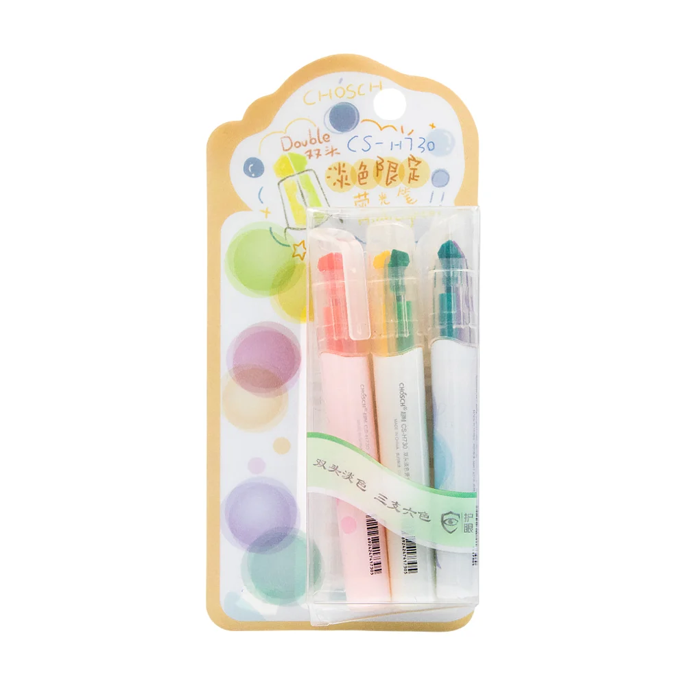 Blíster de papelería con 3 marcatextos de doble punta, variedad de colores / cs-h730 / c56-135 / chosch