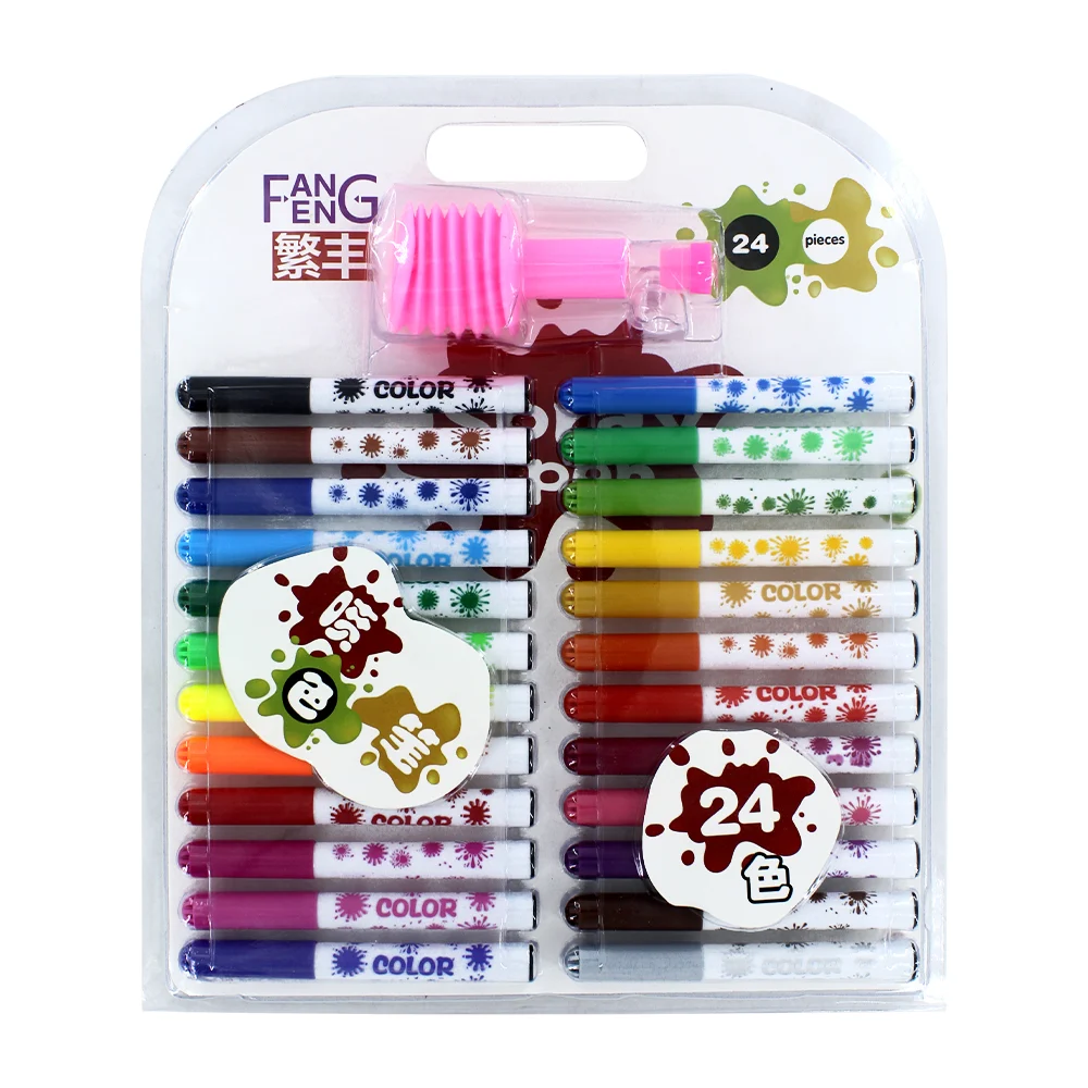Set 24 plumones de colores con 1 aerógrafo y figuras de plástico con forma de animales / spray pen c77 / 728-24