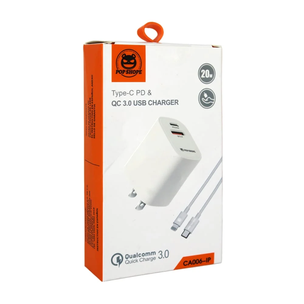 Combo cargador con 1 puerto usb y 1 puerto tipo-c + cable con entrada tipo-c a lightning, 3.0, 20w / ca006-ip