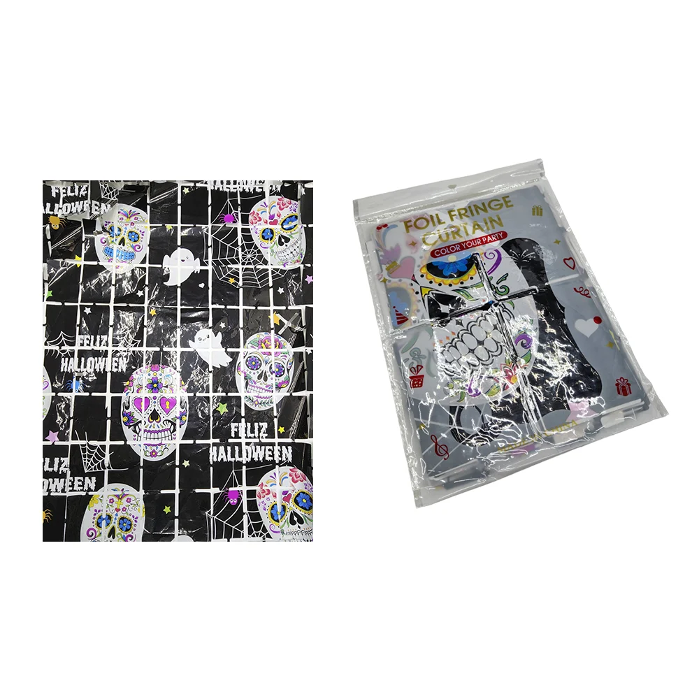 1pza Cortina de plástico tipo cuadrada con temática del dia de muertos y estampado de calavera para fiesta, variedad de diseños / b-37-13 / X278