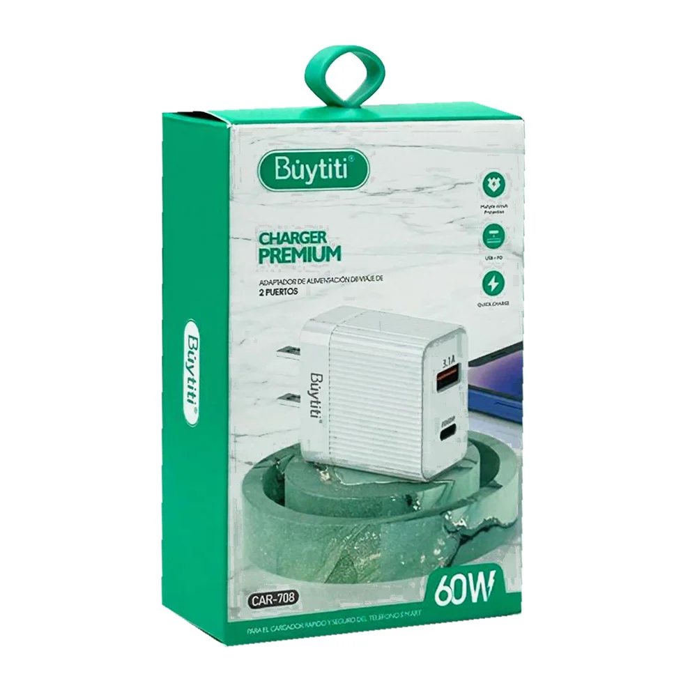 Cubo cargador buytiti de carga rápida con puerto usb y puerto tipo c, 60w / car-708