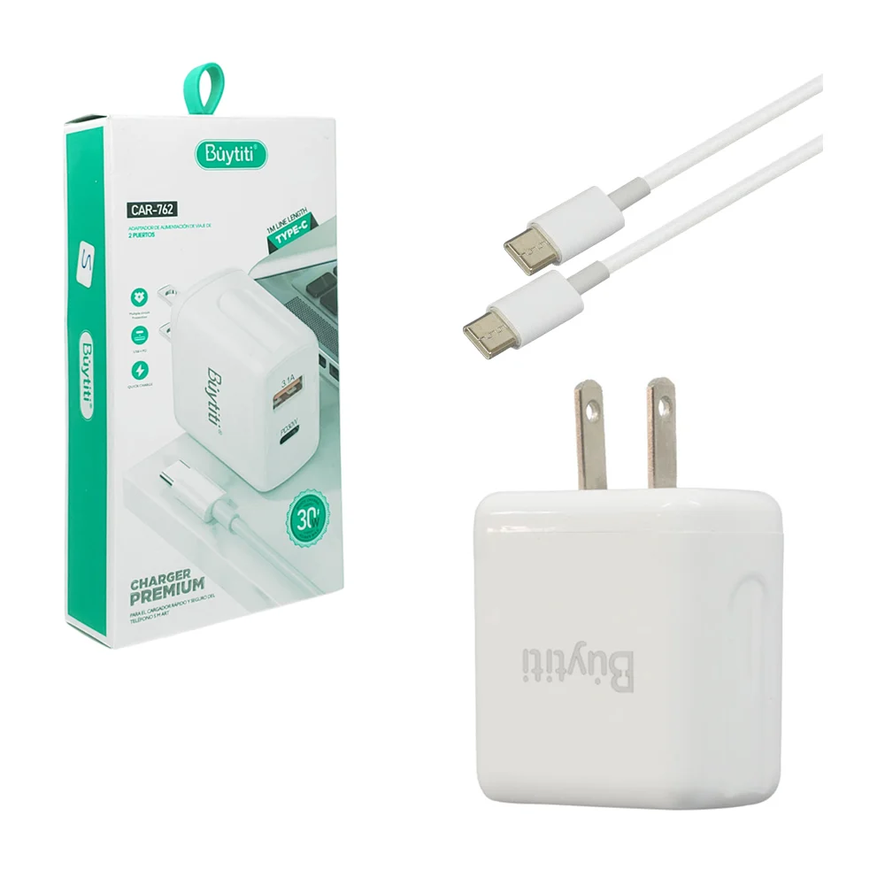 Combo cubo cargador con puerto tipo c + cable de 1 metro con entrada tipo c a tipo c, 30w / car-762