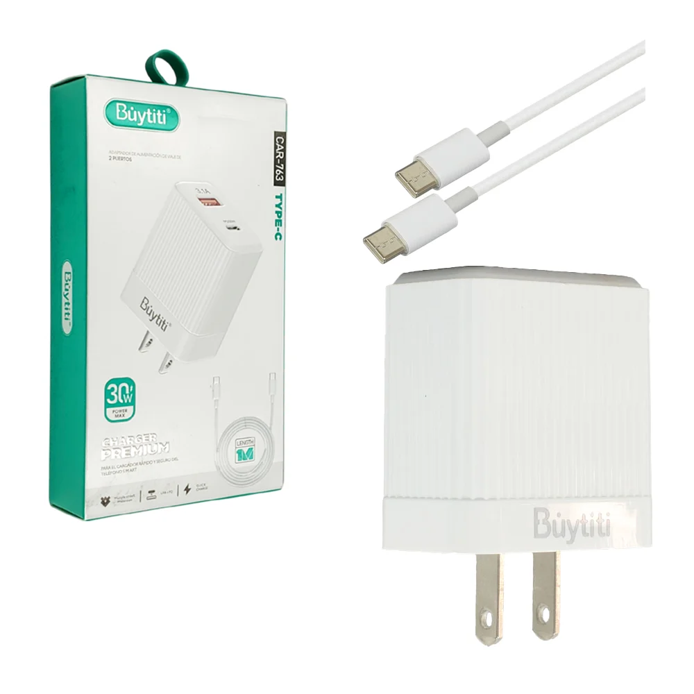 Combo cubo cargador con puerto usb y tipo c + cable de 1 metro con entrada tipo c a tipo c, 30w / car-763
