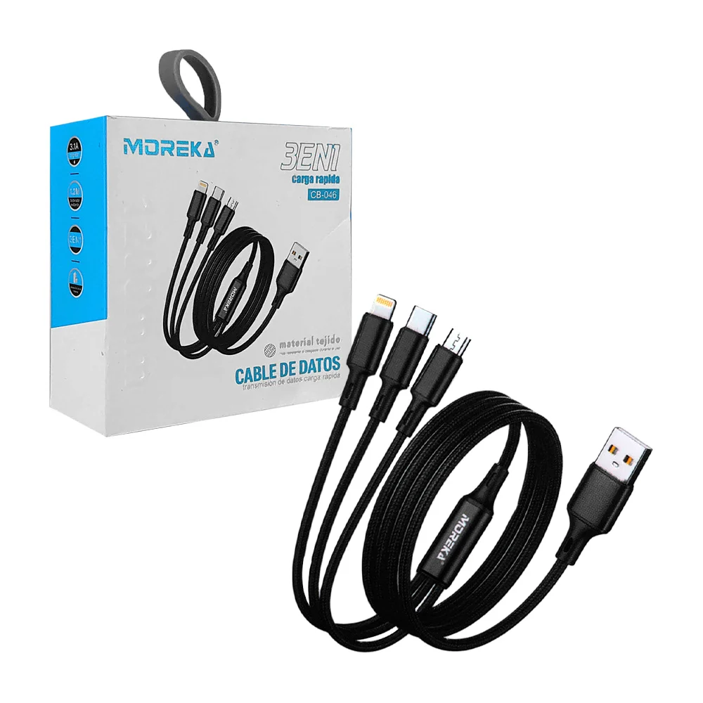 Cable usb 3 en 1 moreka de 1200mm con entrada tipo c, v8 y lightning para transferencia de datos y carga rápida / cb-046