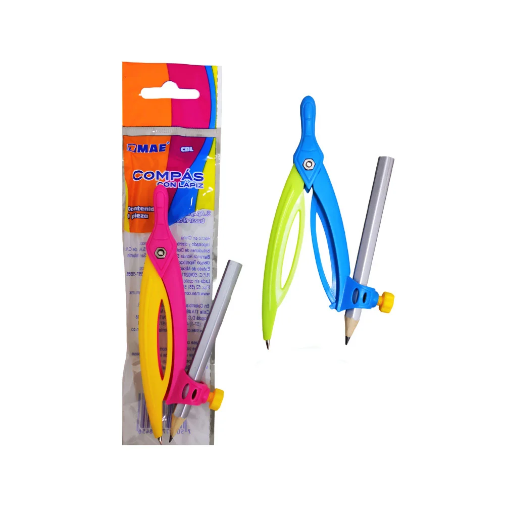Compás de plástico mae con lápiz, variedad de colores / cbl