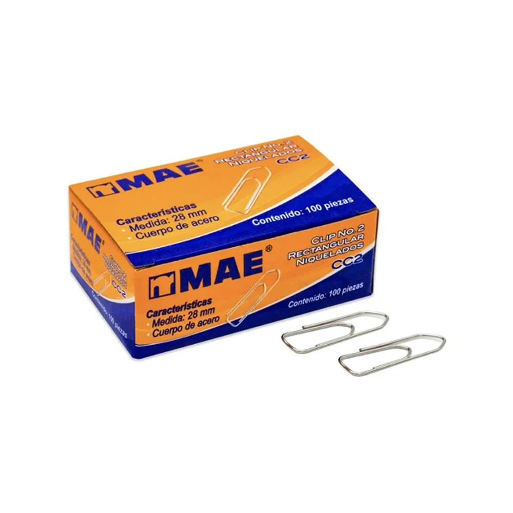 Caja con 100 clips rectangulares niquelados de 28mm, número 2 / cc2