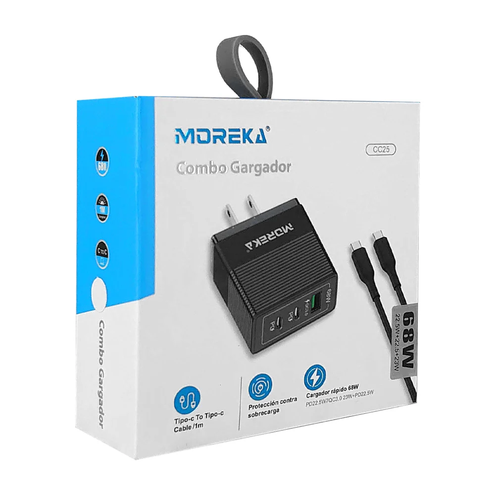 Combo cubo cargador moreka de carga rápida con puerto usb y 2 tipo c + cable de 1 metro con entrada tipo c a tipo c / cc25