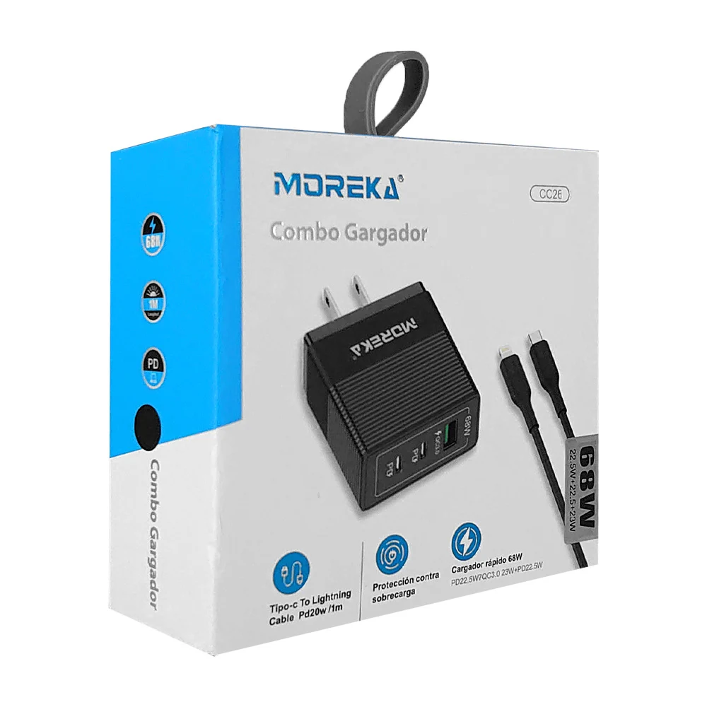 Combo cubo cargador moreka de carga rápida con puerto usb y 2 tipo c + cable de 1 metro con entrada tipo c a lightning, 68w / cc26