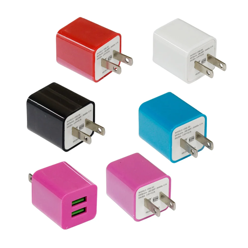 1pza Cubo adaptador de corriente para carga con dos puertos usb, variedad de colores / cdq-181
