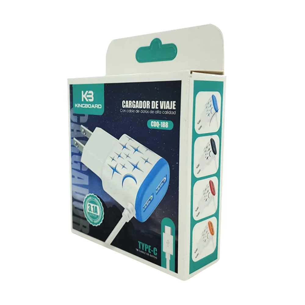 Cargador kingboard con 2 puertos usb y entrada tipo c para carga de 3.1a, variedad de colores / cdq-188