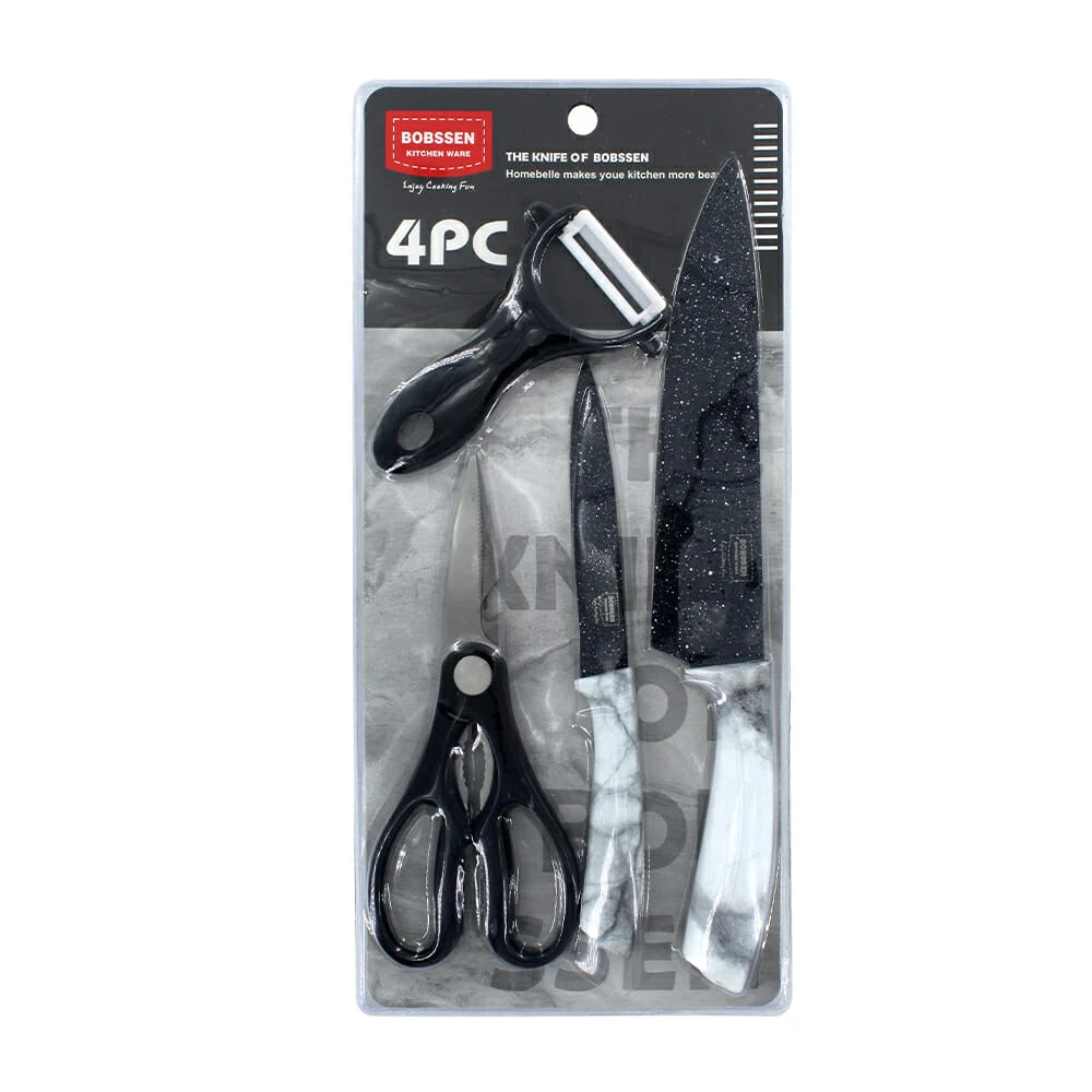 Set de cocina con 2 cuchillos, tijeras de acero inoxidable y pelador, variedad de colores y diseños / cf011 / bobssen / the knife of bobssen
