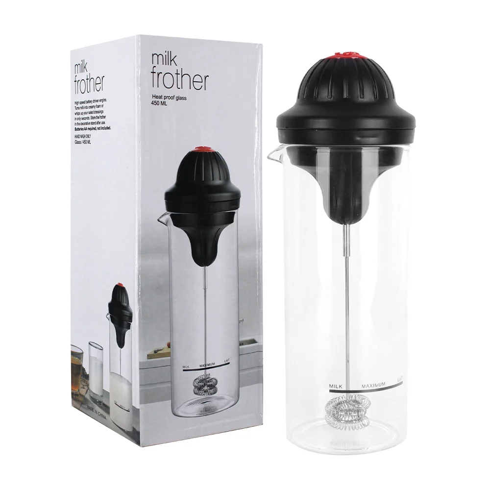 Vaso de vidrio con batidor espumador portátil con función de baterías, 450ml / milk frother