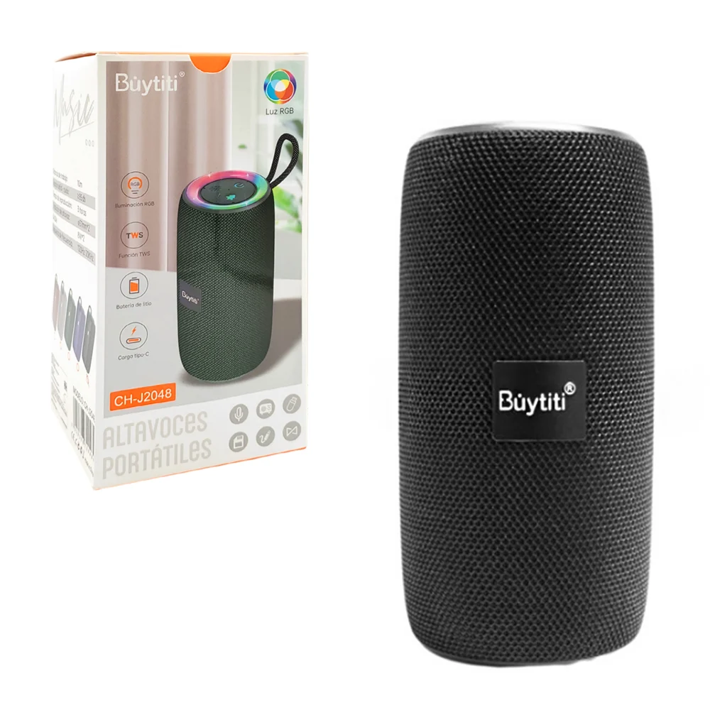 Bocina buytiti cilíndrica, portátil, recargable con conexión bluetooth, entrada usb, tf, auxiliar con luz rgb, variedad de colores / ch-j2048 / bocina buytiti