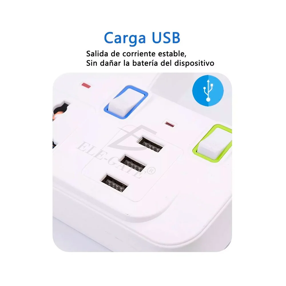 Barra multicontacto con 3 enchufes tomacorrientes y 4 puertos de carga usb