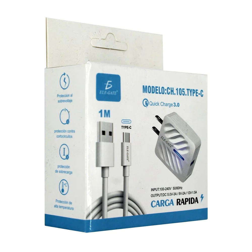 Combo cargador usb ele-gate quick charge 3.0 con entrada tipo c para carga rápida / ch.105.type-c