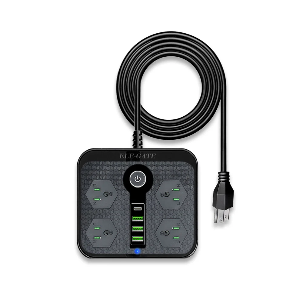 Multicontacto cuadrado con 4 enchufes, 3 puertos usb y 1 puerto usb-c para carga rápida, variedad de colores