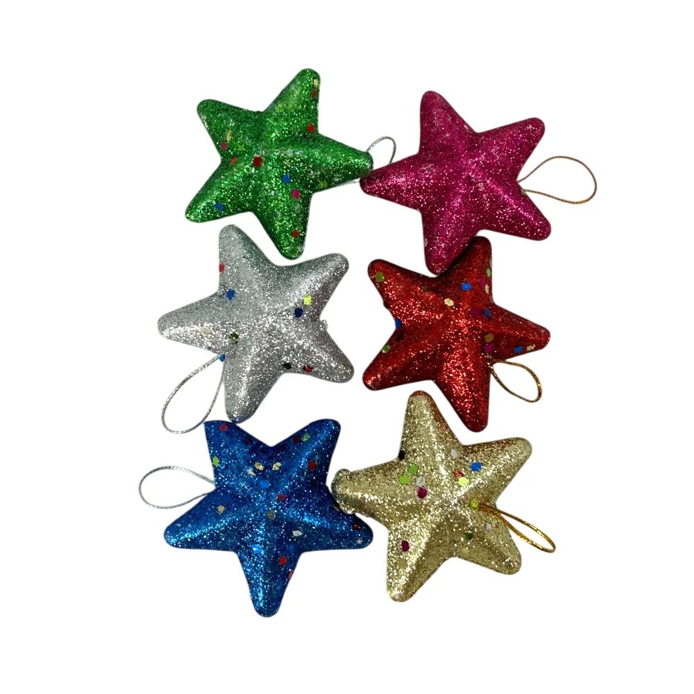 Paquete con 6 adornos colgantes en forma de estrella con brillantina 5.5cm, variedad de colores / decorations christmas