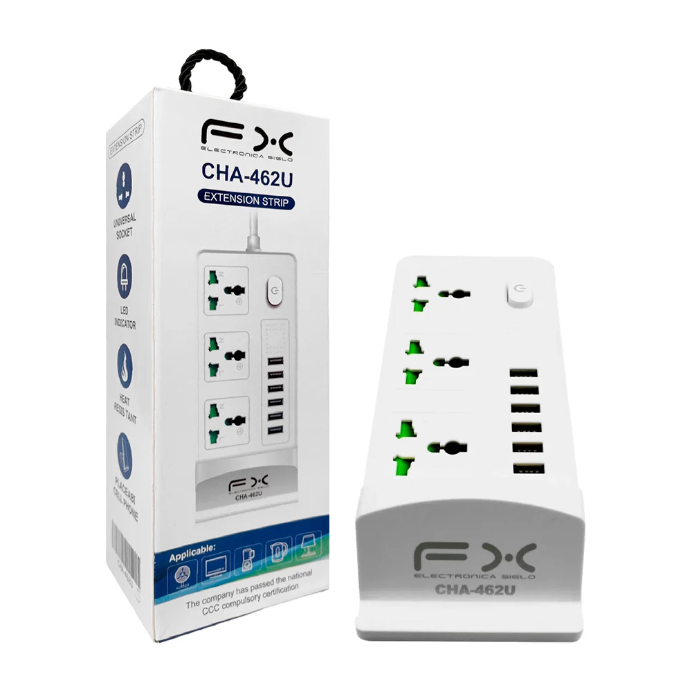 Barra multicontacto fx con 3 tomacorrientes universales, 6 puertos usb, botón encendido apagado y soporte para celular / extension strip / cha-462u