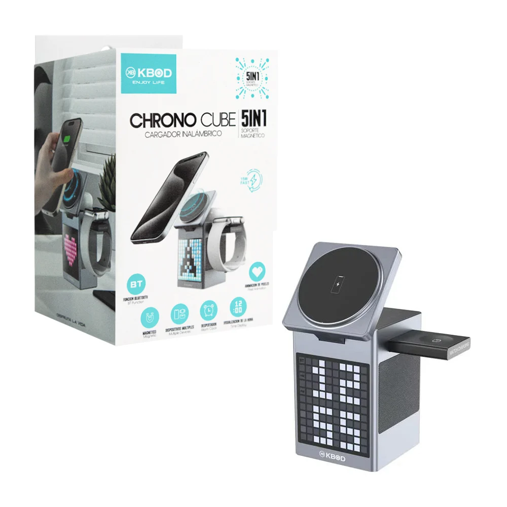 1pza Base / bocina inalámbrica, recargable, con pantalla cuadrada, base de carga magnética para celular, reloj y audífonos, variedad de funciones / 5in1 / kbod / upc-12 / ean-13