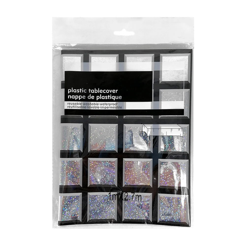 Mantel metálico rectangular diseño con cuadros negros y estrellas tipo chispa 1x2.7m, variedad de colores / plastic tablecover