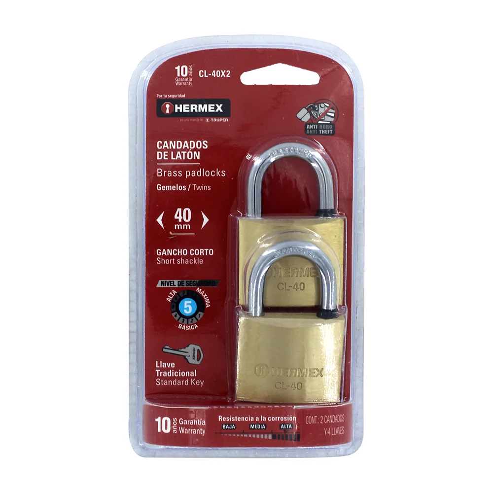 Paquete de 2 candados de laton con gancho corto de 40mm / cl-40 / 43443