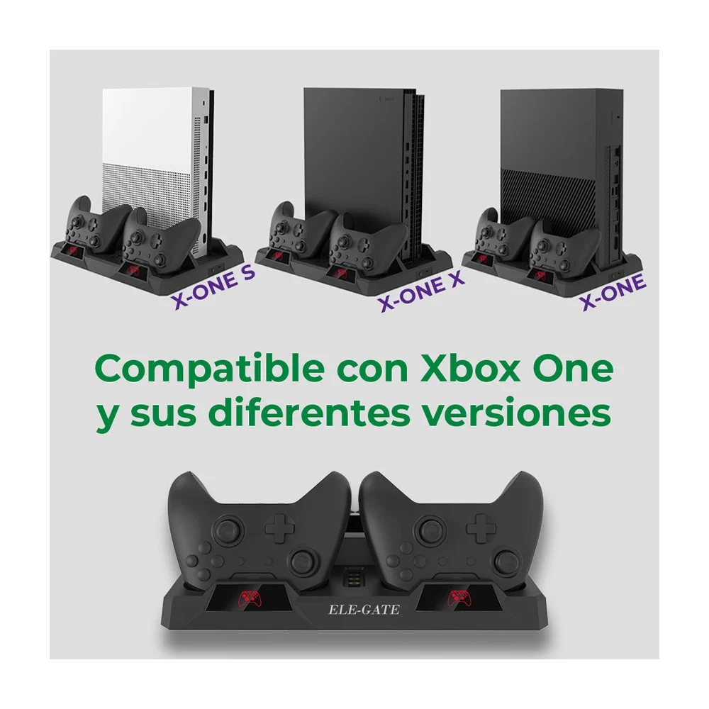 Soporte multifuncional de xbox one s con ventilador, cargadores para control y organizador de videojuegos