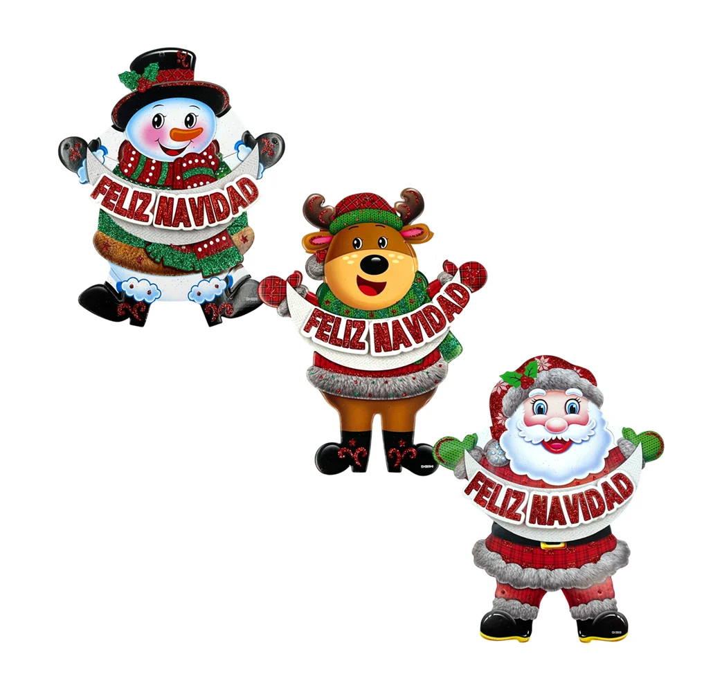 Adorno colgante de hielo seco con diseño de personajes navideños y letrero de feliz navidad en manos 25cm, variedad de modelos / hs-k2041-s / hs-2270 / hs-k2040