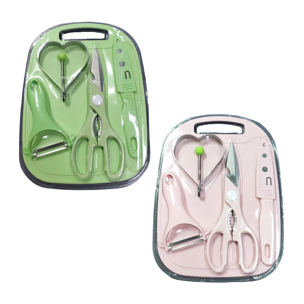 Juego de utensilios para cocina con tijeras, cuchillo, pelador, molde metálico y tabla para picar, variedad de colores / 325762
