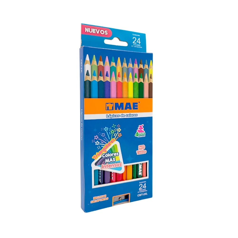 Caja de 24 lápices de colores triangulares mae con punta gruesa de 4mm + sacapuntas / cmt-24l