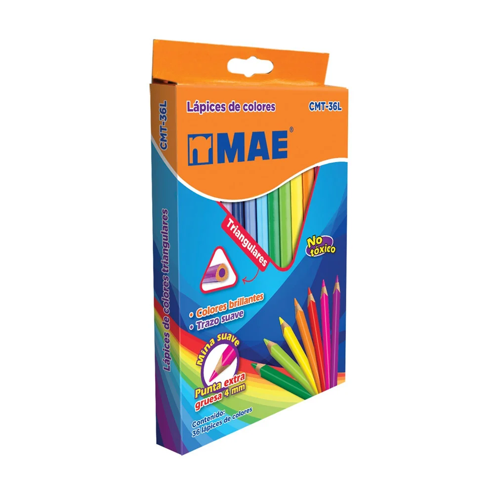 Caja de 36 lápices de colores triangulares mae con punta gruesa de 4mm / cmt-36l