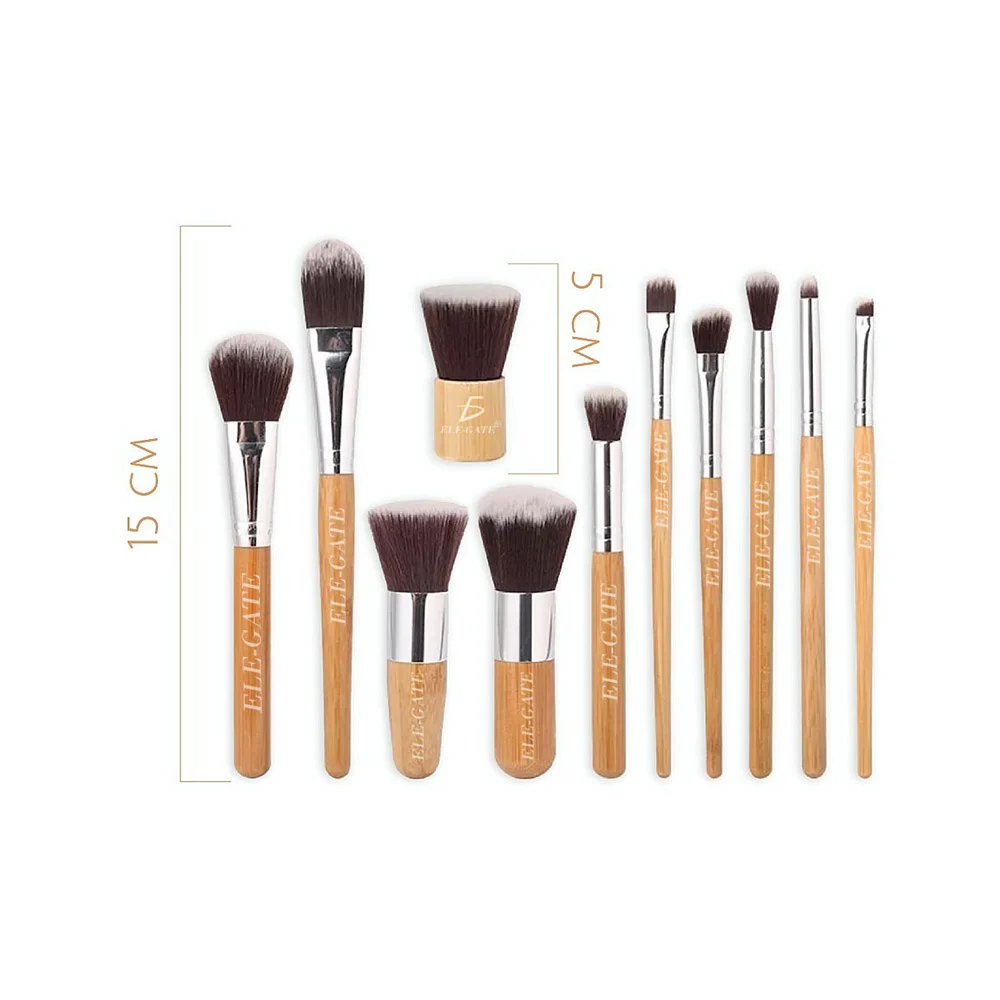 Set de 11 brochas para aplicar maquillaje con mango de madera y bolsa de tela, variedad de colores
