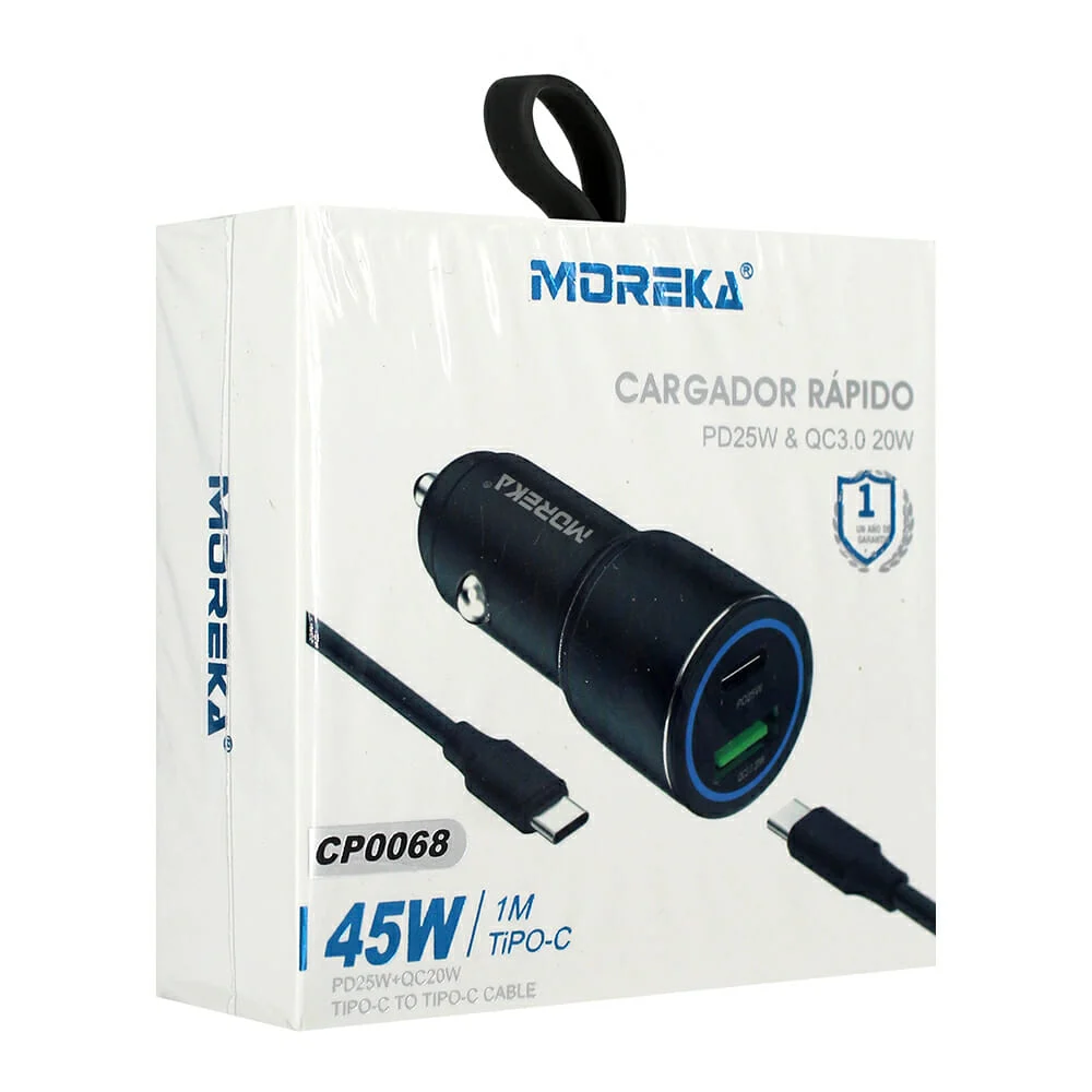 Cargador de carro moreka 45w con entrada usb y tipo-c y cable de 1 metro de tipo-c a tipo-c / cp0068