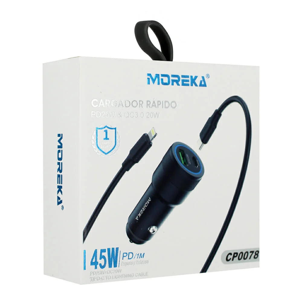 Cargador para carro de 45w entrada usb y tipo c y cable con entrada tipo c a lightning / cp0078