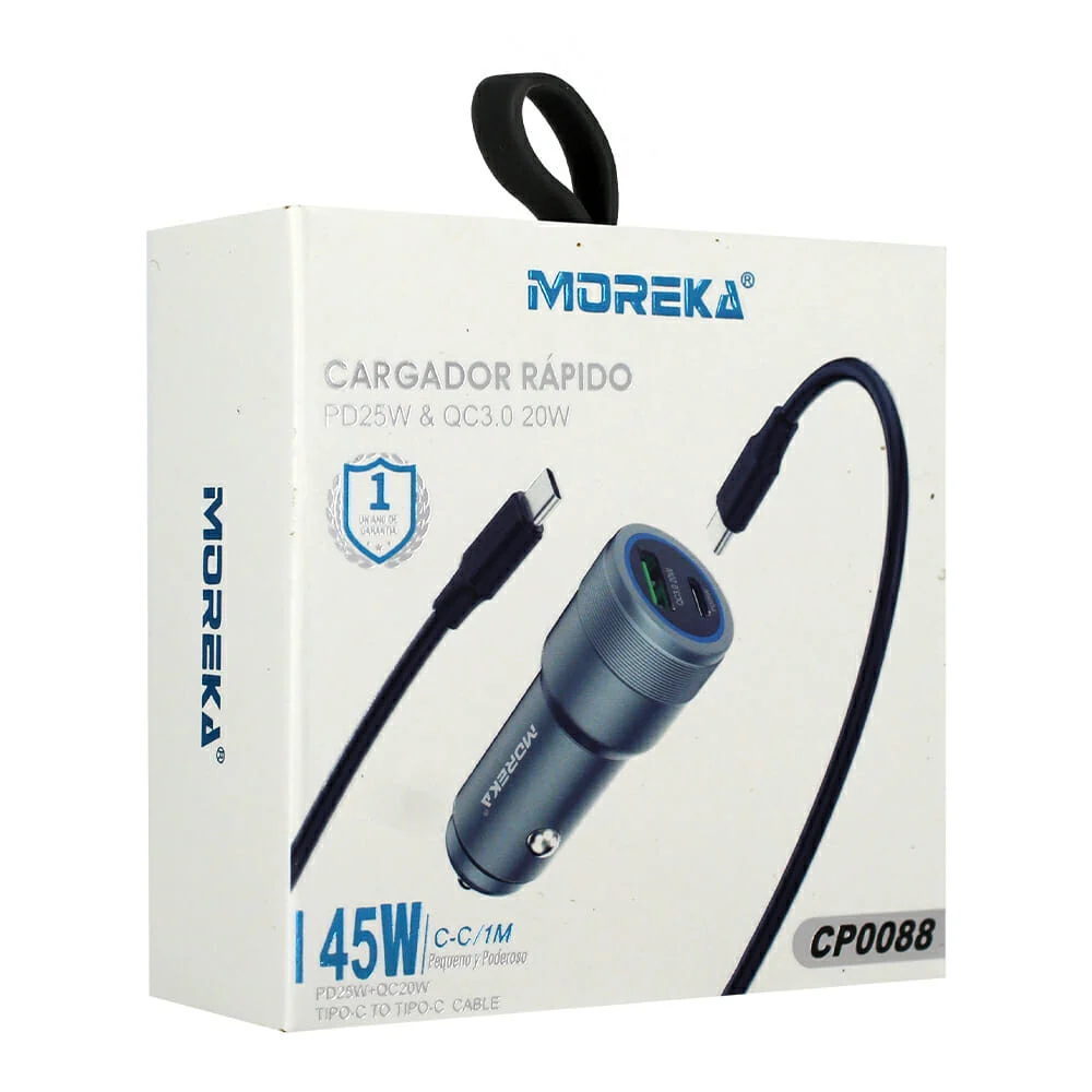 Cargador de carro moreka 45w con entrada usb y tipo-c y cable de 1 metro de tipo-c a tipo-c  / cp0088