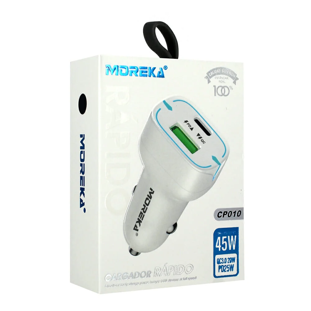 Cargador para carro moreka de 45w con puerto usb y entrada tipo-c / cp010
