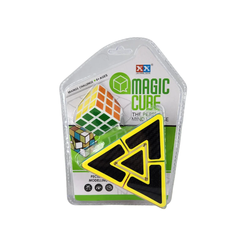 Blíster juego de 2 cubos rubik en forma de pirámide y mini cubo magic cube diseño flechas negras con franjas de colores / 8947-3 / 8946a-3