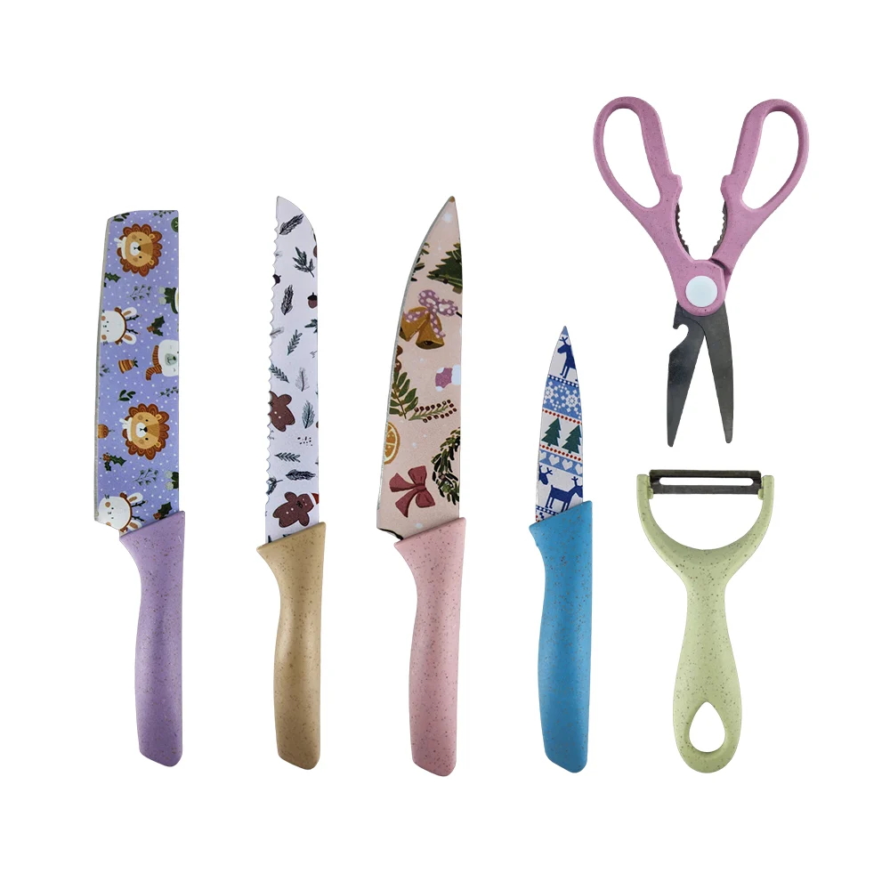 Set de cocina kitchen knife con 4 cuchillos, pela papas y tijeras diseño de temática navideña, variedad de modelos / na5065v