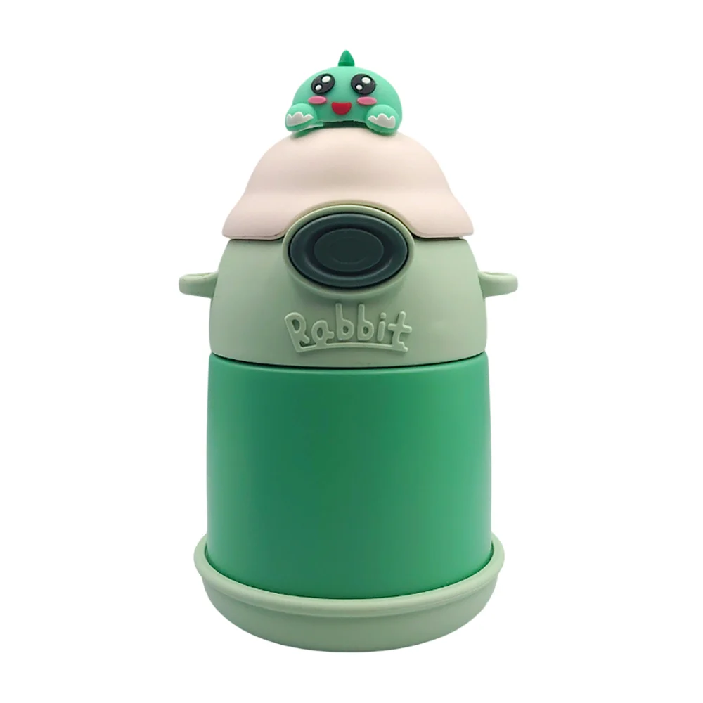 Botella tipo termo, de 500ml diseño infantil recubrimiento de plástico, correa decorativa, popote y stickers + figura decorativa 3d de animalito, variedad de colores / botella rabbit / cup-973 / wb-5270