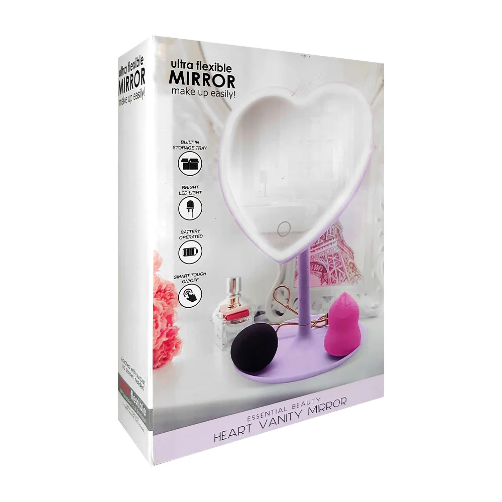 Espejo en forma de corazón con luz led, rotación de 180° y base circular, variedad de colores / heart vanity mirror