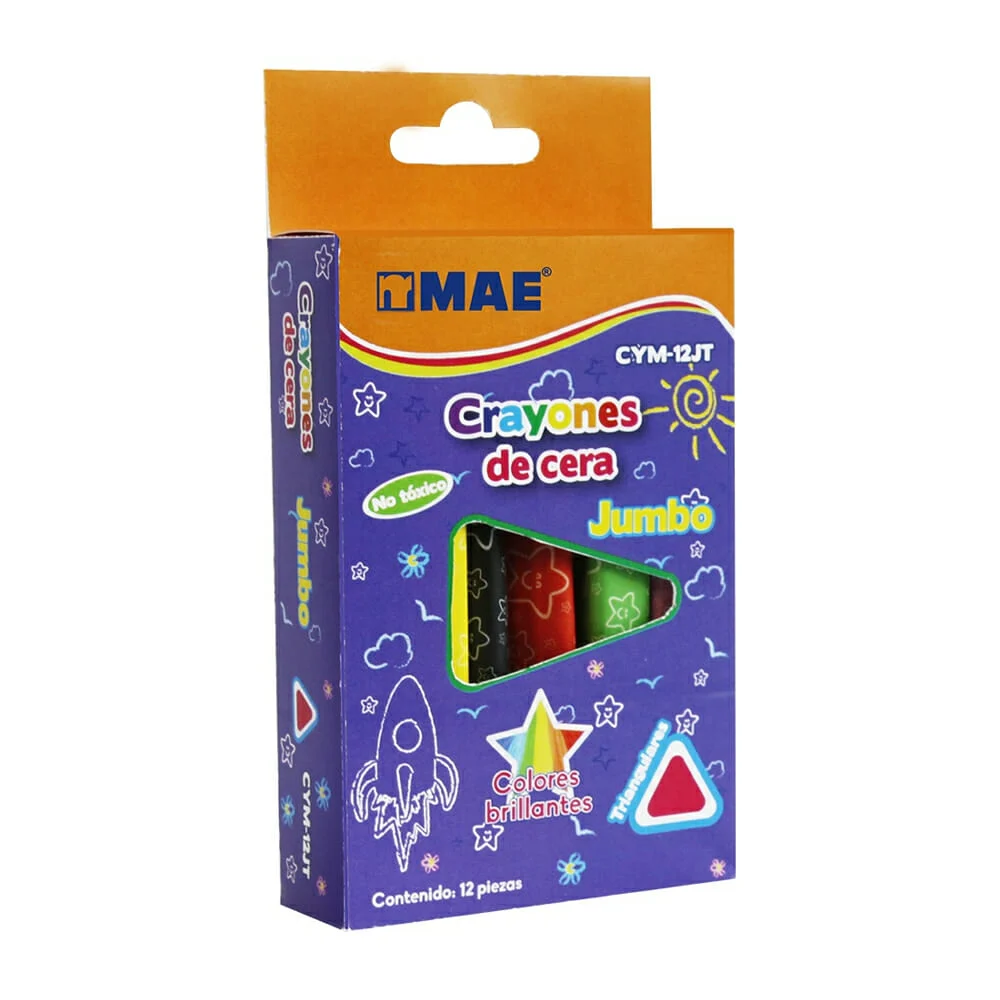 Caja con 12 crayones jumbo de cera mae en forma triangular y de colores brillantes