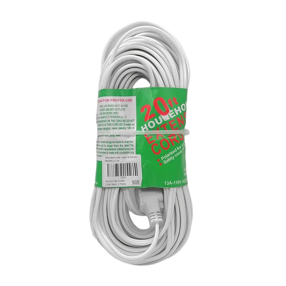 Extensión blanca eléctrica para uso doméstico de 20ft, 13a-110v-1625w / household extension cord