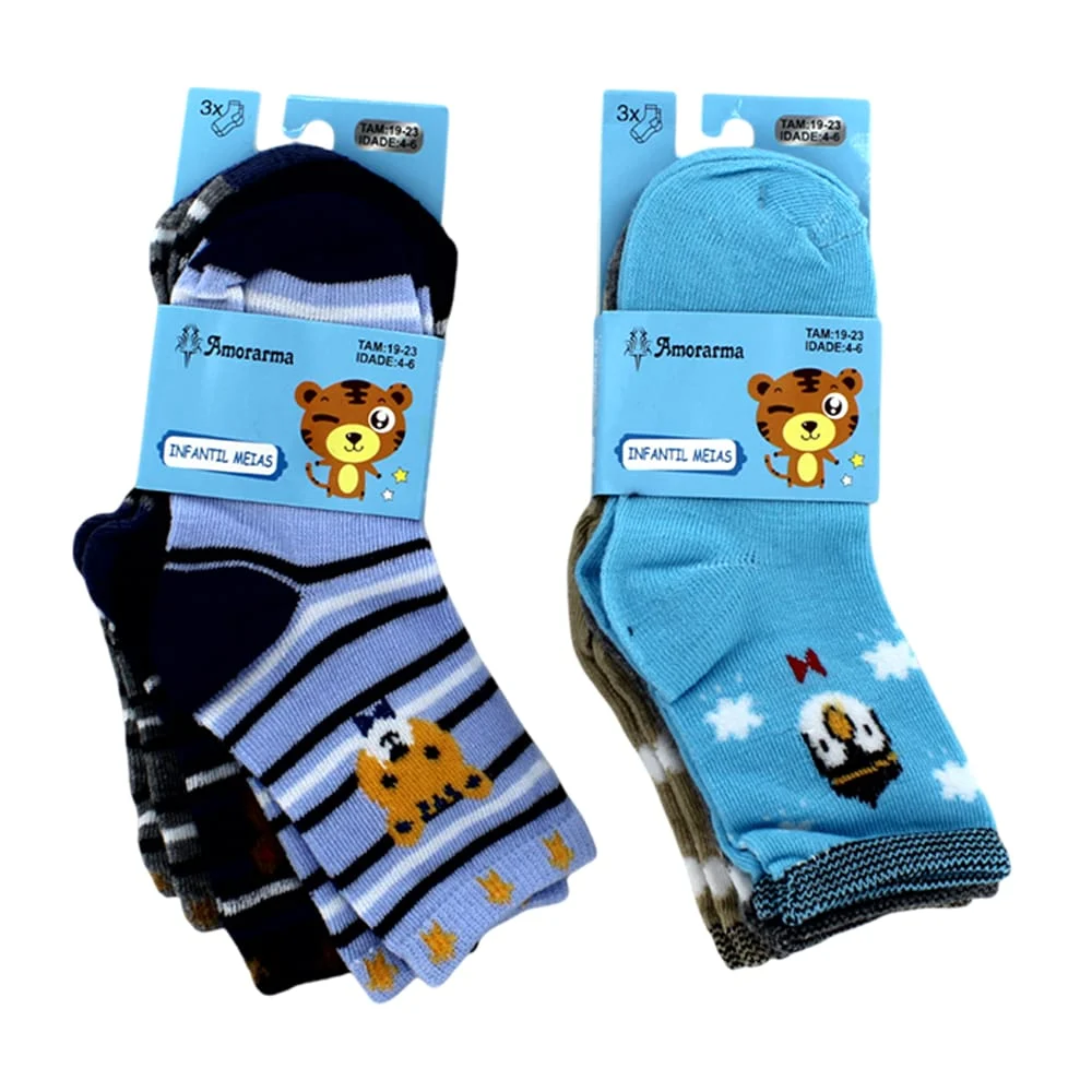 Paquete con 3 pares de calcetines infantiles amorarma con diversos estampados para niña, variedad de modelos / tam 19-23 / idade 4-6 / d1260