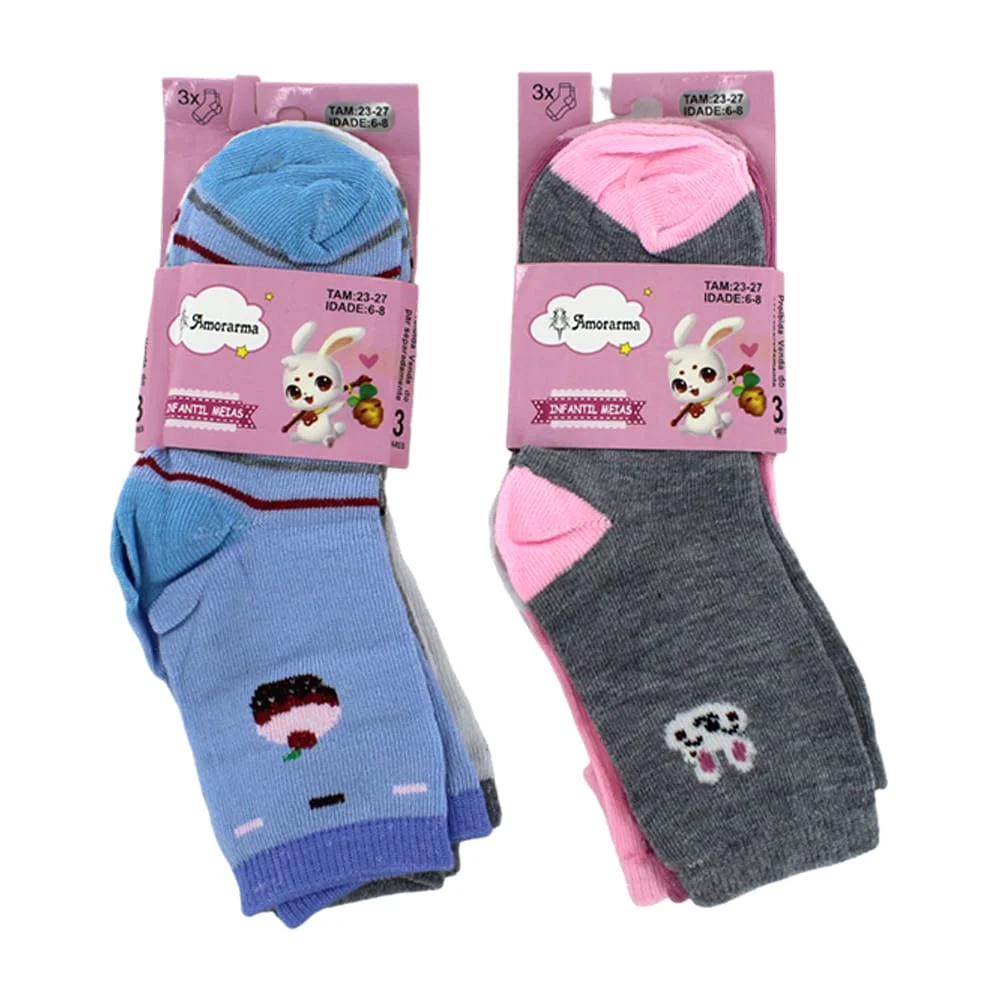 Paquete con 3 pares de calcetines tobilleras infantiles amorarma con diversos estampados para niña o niño, variedad de modelos / tam 23-27 / idade 6-8 / d1263