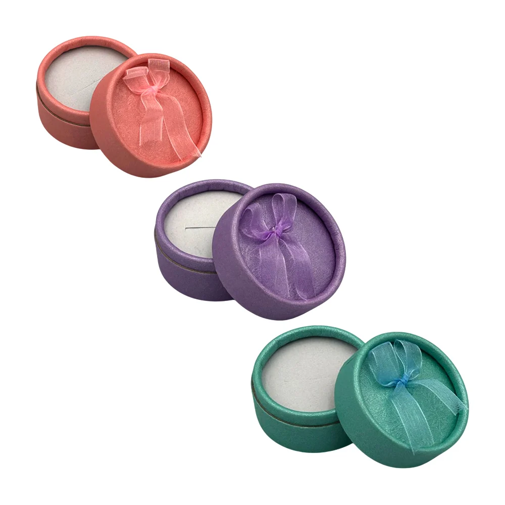 1pza Caja estuche redondo con estampado de flores y moño para anillos o aretes, 5x3.5cm, variedad de colores