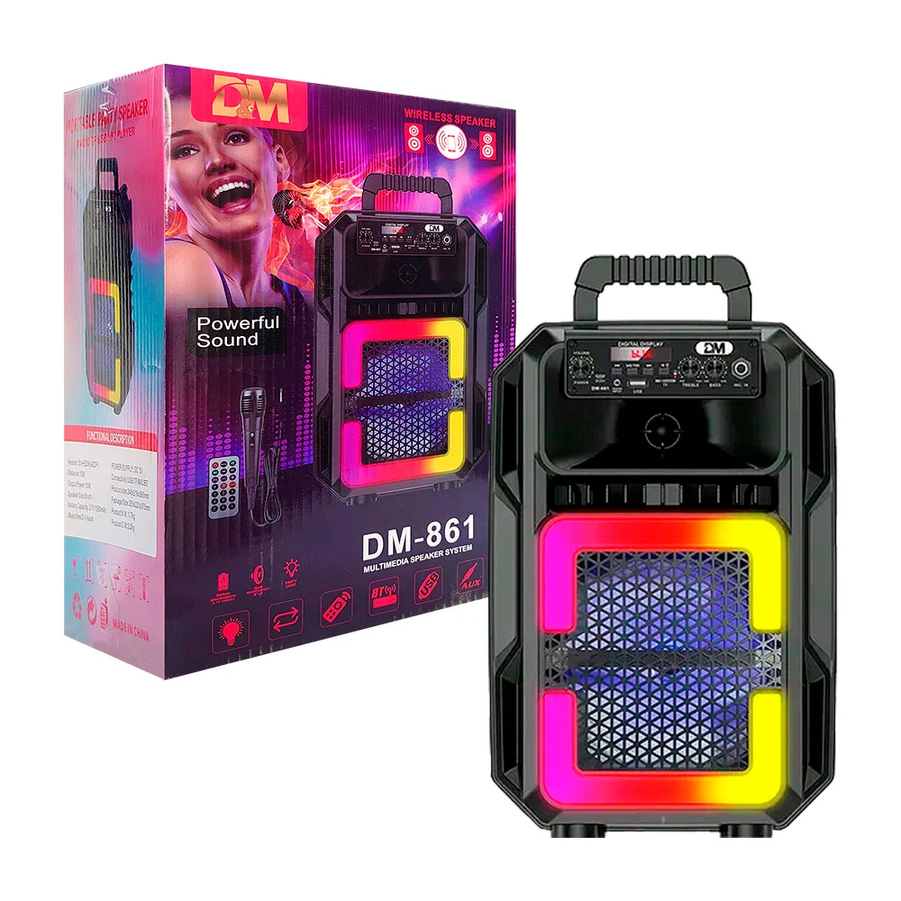 Bocina 8 pulgadas recargable, conexión bluetooth entrada usb, tf, auxiliar, con control de sonido luz rgb + micrófono / dm-861 / D&M