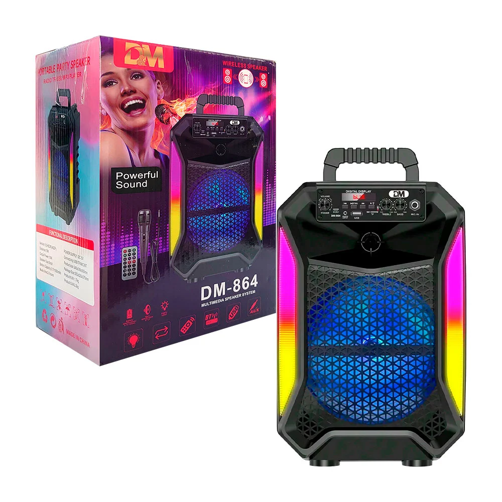 Bocina bluetooth de 8 pulgadas recargable con conexión usb, tf y auxiliar, luz rgb, control + microfono / dm-864 / D&M