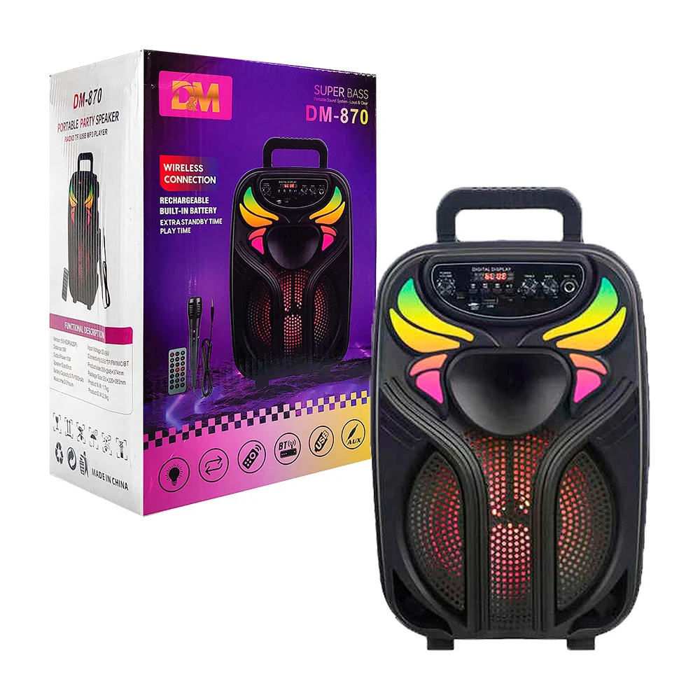 Bocina mediana recargable con luz rgb, conexión bluetooth, usb, tf y auxiliar, con control + micrófono / dm-870